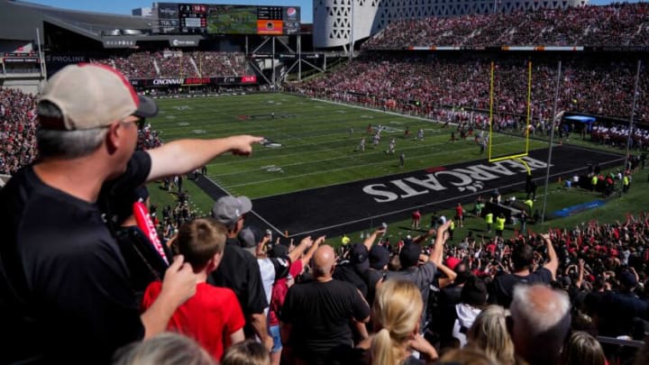 Bearcats fans cheer on a defensive stop late in the second quarter of the NCAA Big 12 football game between the Cincinnati Bearcats and the Oklahoma Sooners at Nippert Stadium in Cincinnati on Saturday, Sept. 23, 2023.