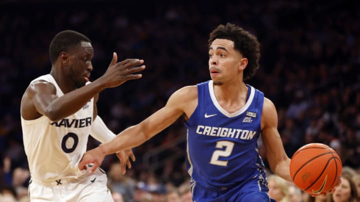 NEW YORK, NEW YORK - MARCH 10: Ryan Nembhard #2 of the Creighton Bluejays dribbles as Souley Boum #0 of the Xavier Musketeers defends during the first half in the Semifinal round of the Big East Basketball Tournament at Madison Square Garden on March 10, 2023 in New York City. (Photo by Sarah Stier/Getty Images)