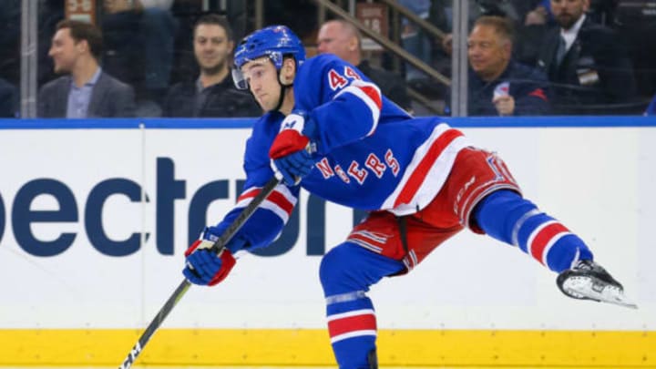 NEW YORK, NY – APRIL 05: New York Rangers Defenceman Neal Pionk (44) sends the puck down ice during the second period of the National Hockey League game between the Columbus Blue Jackets and the New York Rangers on April 5, 2019 at Madison Square Garden in New York, NY. (Photo by Joshua Sarner/Icon Sportswire via Getty Images)