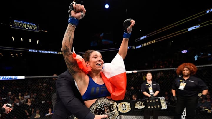 BROOKLYN, NEW YORK - FEBRUARY 11: Germaine de Randamie of The Netherlands celebrates her victory over Holly Holm in their women's featherweight championship bout during the UFC 208 event inside Barclays Center on February 11, 2017 in Brooklyn, New York. (Photo by Jeff Bottari/Zuffa LLC/Zuffa LLC via Getty Images)