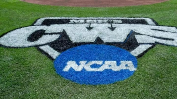 Jun 13, 2015; Omaha, NE, USA; General view of logo before the 2015 College World Series at TD Ameritrade Park. Mandatory Credit: Steven Branscombe-USA TODAY Sports