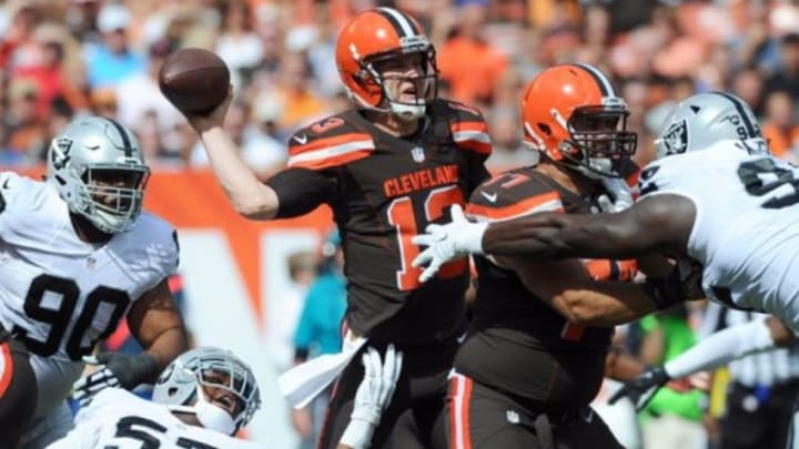 Sep 27, 2015; Cleveland, OH, USA; Cleveland Browns quarterback Josh McCown (13) throws a pass during the first quarter against the Oakland Raiders at FirstEnergy Stadium. Mandatory Credit: Ken Blaze-USA TODAY Sports