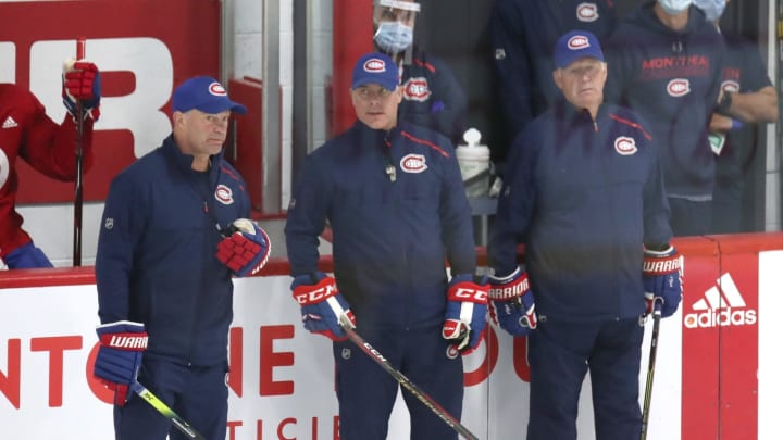Jul 22, 2020; Montreal, Quebec, CANADA; Montreal Canadiens coaches Mandatory Credit: Jean-Yves Ahern-USA TODAY Sports