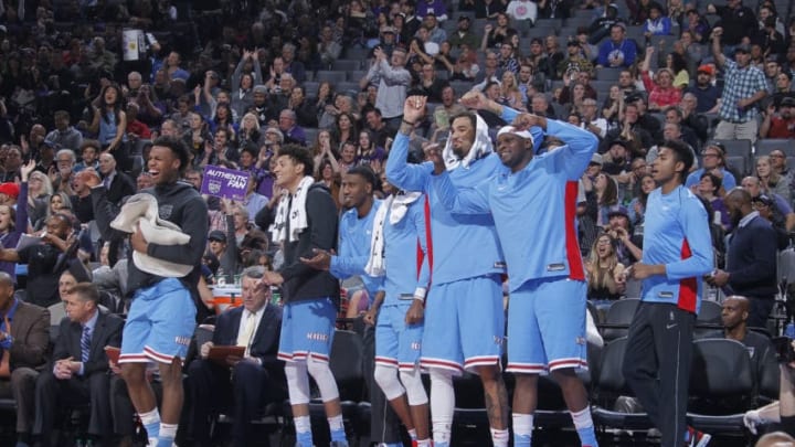 SACRAMENTO, CA - MARCH 19: The Sacramento Kings bench reacts during the game against the Detroit Pistons on March 19, 2018 at Golden 1 Center in Sacramento, California. NOTE TO USER: User expressly acknowledges and agrees that, by downloading and or using this photograph, User is consenting to the terms and conditions of the Getty Images Agreement. Mandatory Copyright Notice: Copyright 2018 NBAE (Photo by Rocky Widner/NBAE via Getty Images)