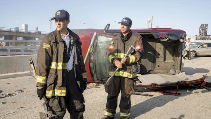 CHICAGO FIRE-- "Buckle Up" Episode 804 -- Pictured: (l-r) Jesse Spencer as Matthew Casey, Taylor Kinney as Lt. Kelly Severide -- (Photo by: Adrian Burrows/NBC)