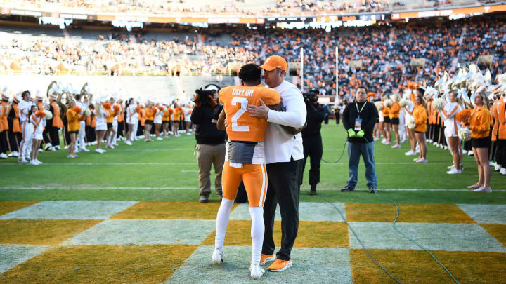 Tennessee Head Coach Josh Heupel hugs defensive back Alontae Taylor (2) during senior day ceremonies before the start of the NCAA college football game between the Tennesse Volunteers and Vanderbilt Commodores in Knoxville, Tenn. on Saturday, November 27, 2021.Kns Tennessee Vanderbilt Football