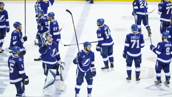 TAMPA, FL - MAY 23: The Tampa Bay Lightning thank fans for their support after the series loss to the Washington Capitals after Game Seven of the Eastern Conference Final during the 2018 NHL Stanley Cup Playoffs at Amalie Arena on May 23, 2018 in Tampa, Florida. (Photo by Mark LoMoglio/NHLI via Getty Images)