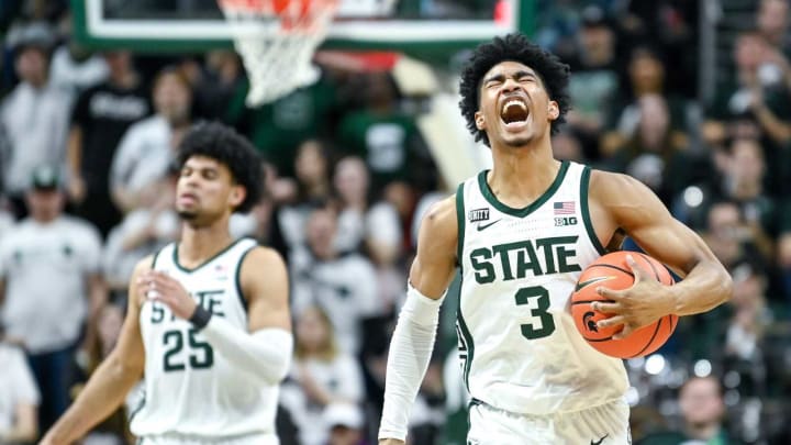 Michigan State’s Jaden Akins celebrates after drawing a Maryland foul during the second half on Saturday, March 6, 2022, at the Breslin Center.