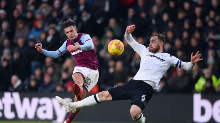 DERBY, ENGLAND - DECEMBER 16: Jack Grealish of Aston Villa shoots at goal during the Sky Bet Championship match between Derby County and Aston Villa at iPro Stadium on December 16, 2017 in Derby, England. (Photo by Nathan Stirk/Getty Images)