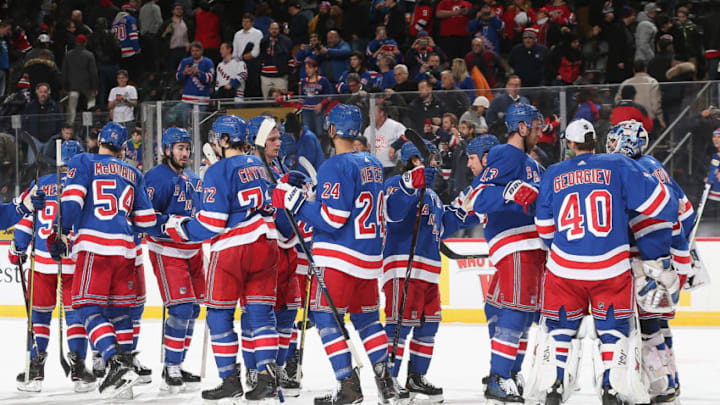 NEWARK, NJ - JANUARY 31: The New York Rangers celebrate after defeating the New Jersey Devils at Prudential Center on January 31, 2019 in Newark, New Jersey. (Photo by Andy Marlin/NHLI via Getty Images)