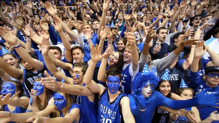 Feb 13, 2016; Durham, NC, USA; Duke Blue Devils fans also known as Cameron Crazies get pumped up before the start of their game against the Virginia Cavaliers at Cameron Indoor Stadium. Mandatory Credit: Mark Dolejs-USA TODAY Sports