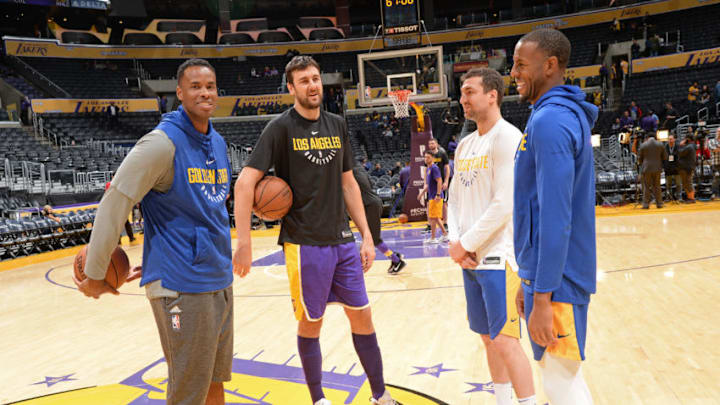 LOS ANGELES, CA - NOVEMBER 29: Jarron Collins, Chris DeMarco and Andre Iguodala #9 of the Golden State Warriors talk with Andrew Bogut #66 of the Los Angeles Lakers before the game on November 29, 2017 at STAPLES Center in Los Angeles, California. NOTE TO USER: User expressly acknowledges and agrees that, by downloading and/or using this Photograph, user is consenting to the terms and conditions of the Getty Images License Agreement. Mandatory Copyright Notice: Copyright 2017 NBAE (Photo by Andrew D. Bernstein/NBAE via Getty Images) LOS ANGELES, CA - NOVEMBER 29: Jarron Collins, Chris DeMarco and Andre Iguodala #9 of the Golden State Warriors talk with Andrew Bogut #66 of the Los Angeles Lakers before the game on November 29, 2017 at STAPLES Center in Los Angeles, California. NOTE TO USER: User expressly acknowledges and agrees that, by downloading and/or using this Photograph, user is consenting to the terms and conditions of the Getty Images License Agreement. Mandatory Copyright Notice: Copyright 2017 NBAE (Photo by Andrew D. Bernstein/NBAE via Getty Images)
