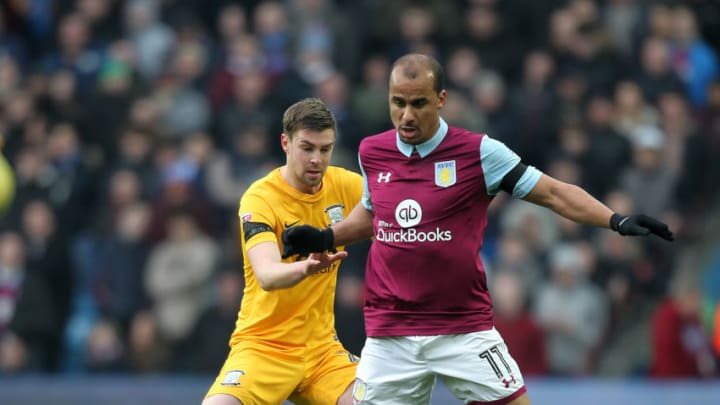 BIRMINGHAM, ENGLAND - JANUARY 21: Preston North End's Paul Huntington in action with Aston Villa's Gabriel Agbonlahor during the Sky Bet Championship match between Aston Villa and Preston North End at Villa Park on January 21, 2017 in Birmingham, England. (Photo by Mick Walker - CameraSport via Getty Images)