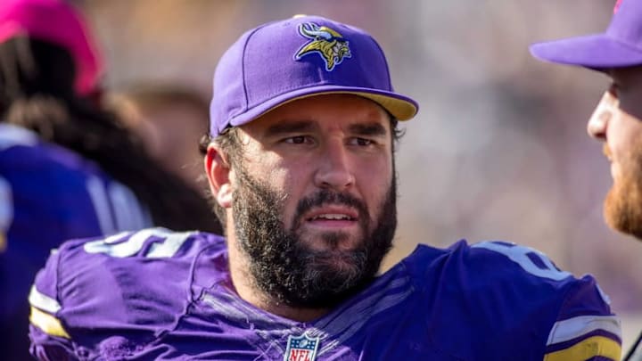 Oct 12, 2014; Minneapolis, MN, USA; Minnesota Vikings center John Sullivan (65) rests during the game with the Detroit Lions at TCF Bank Stadium. The Lions win 17-3. Mandatory Credit: Bruce Kluckhohn-USA TODAY Sports