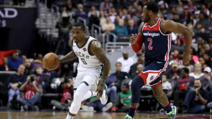 WASHINGTON, DC – JANUARY 6: Eric Bledsoe #6 of the Milwaukee Bucks dribbles the ball against John Wall #2 of the Washington Wizards in the first half at Capital One Arena on January 6, 2018 in Washington, DC. NOTE TO USER: User expressly acknowledges and agrees that, by downloading and or using this photograph, User is consenting to the terms and conditions of the Getty Images License Agreement. (Photo by Rob Carr/Getty Images)