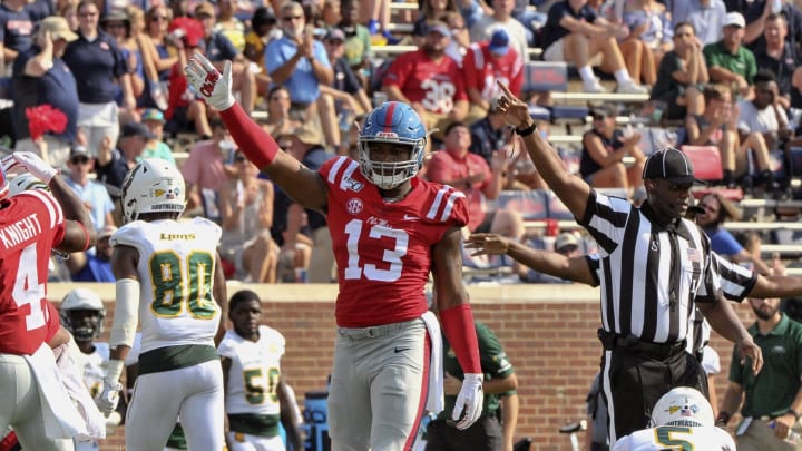 Sep 14, 2019; Oxford, MS, USA; Mississippi Rebels linebacker Sam Williams (13) reacts during the first half against the Southeastern Louisiana Lions at Vaught-Hemingway Stadium. Mandatory Credit: Justin Ford-USA TODAY Sports