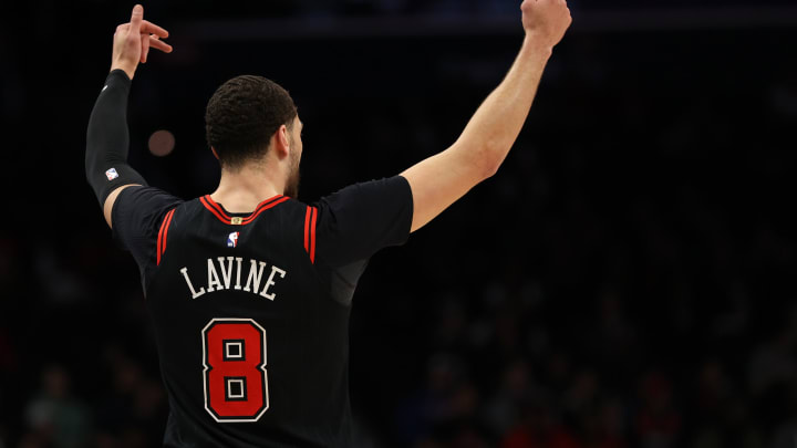 WASHINGTON, DC – FEBRUARY 11: Zach LaVine #8 of the Chicago Bulls looks on against the Washington Wizards during the first half at Capital One Arena on February 11, 2020 in Washington, DC. (Photo by Patrick Smith/Getty Images)