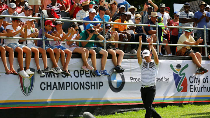 JOHANNESBURG, SOUTH AFRICA - JANUARY 10: Champion Brandon Stone of South Africa walks out for the trophy presentation after winning the BMW SA Open at Glendower Golf Club on January 10, 2016 in Johannesburg, South Africa. (Photo by Richard Heathcote/Getty Images)