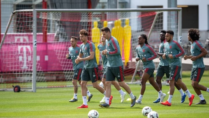 25 April 2019, Bavaria, Munich: The players of the Bundesliga soccer team FC Bayern Munich run across the training ground. Photo: Sina Schuldt/dpa (Photo by Sina Schuldt/picture alliance via Getty Images)
