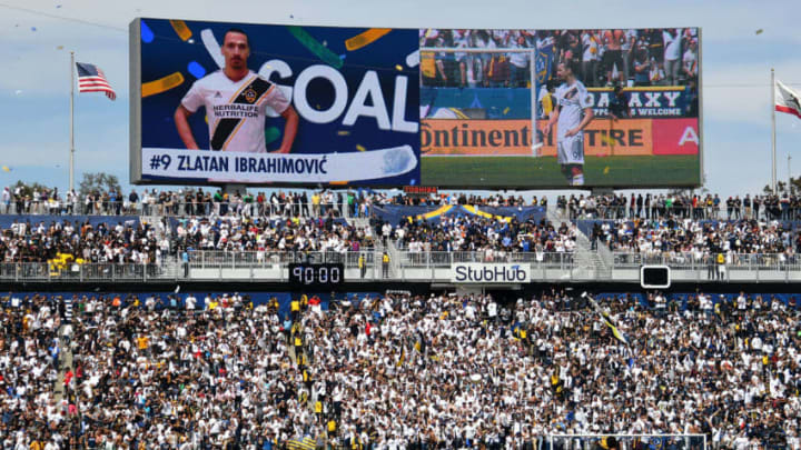 CARSON, CA - MARCH 31: Fans celebrates after a goal by Zlatan Ibrahimovic