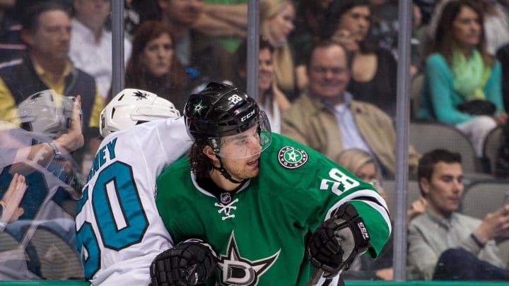 Mar 24, 2017; Dallas, TX, USA; Dallas Stars defenseman Stephen Johns (28) and San Jose Sharks center Chris Tierney (50) during the game at the American Airlines Center. The Stars defeat the Sharks 6-1. Mandatory Credit: Jerome Miron-USA TODAY Sports