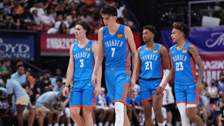 OKC Thunder forward Chet Holmgren (7) leads Josh Giddey (3), Aaron Wiggins (21) and Tre Mann (23) across the floor during an NBA Summer League game: Stephen R. Sylvanie-USA TODAY Sports