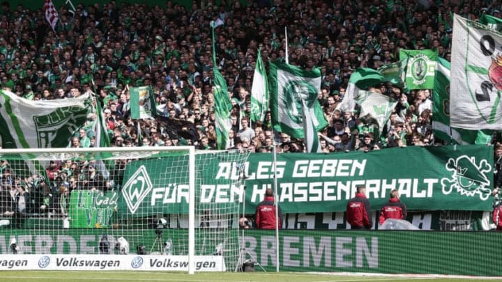 BREMEN, GERMANY - MAY 14: Supporters of Bremen display posters before the Bundesliga match SV Werder Bremen and Eintracht Frankfurt at Weserstadion on May 14, 2016 in Bremen, Germany. (Photo by Oliver Hardt/Bongarts/Getty Images)
