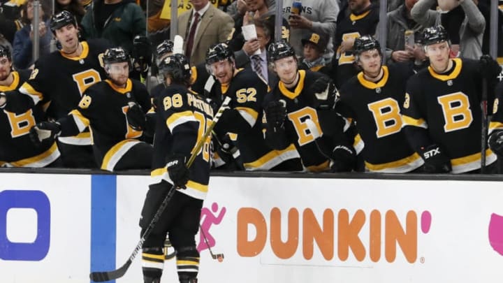 BOSTON, MA - NOVEMBER 29: Boston Bruins right wing David Pastrnak (88) skates by the bench after scoring during a game between the Boston Bruins and the New York Rangers on November 29, 2019, at TD Garden in Boston, Massachusetts. (Photo by Fred Kfoury III/Icon Sportswire via Getty Images)