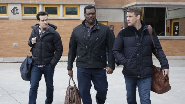 CHICAGO FIRE -- "Protect a Child" Episode 817 -- Pictured: (l-r) Alberto Rosende as Blake Gallo, Eamonn Walker as Wallace Boden, Jesse Spencer as Matthew Casey -- (Photo by: Adrian S. Burrows Sr./NBC)