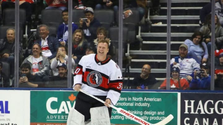 TORONTO, ONTARIO - NOVEMBER 11: Martin Brodeur #30 of Team Belfour skates back to the bench after taking a shoot out attempt against Team Fuhr during the 2018 Hockey Hall of Fame Legends Classic Game at the Scotiabank Place on November 11, 2018 in Toronto, Ontario, Canada. (Photo by Bruce Bennett/Getty Images)