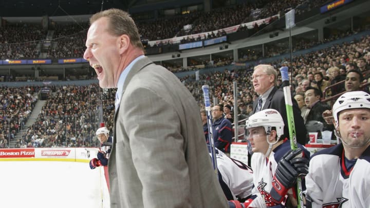 Columbus Blue Jackets head coach Gerard Gallant complains to the referee . (Photo by Jeff Vinnick/Getty Images)