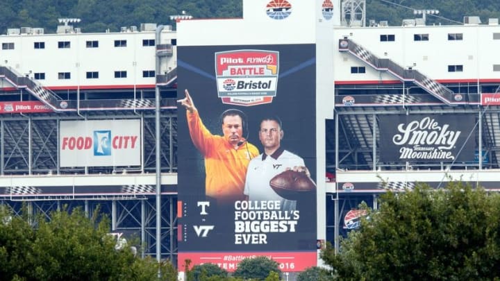 Sep 9, 2016; Bristol, TN, USA; A view of a poster featuring Tennessee Volunteers head coach Butch Jones and Virginia Tech Hokies head coach Justin Fuente on the side of Bristol Motor Speedway. Mandatory Credit: Randy Sartin-USA TODAY Sports
