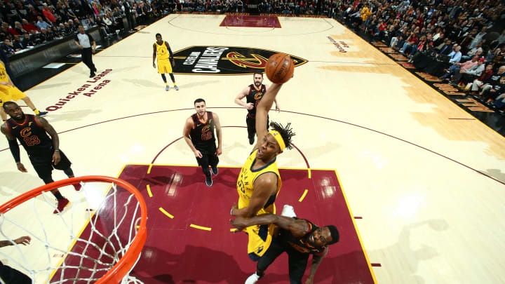 CLEVELAND, OH – APRIL 29: Myles Turner #33 of the Indiana Pacers goes to the basket against the Cleveland Cavaliers in Game Seven of Round One of the 2018 NBA Playoffs on April 29, 2018 at Quicken Loans Arena in Cleveland, Ohio. NOTE TO USER: User expressly acknowledges and agrees that, by downloading and or using this Photograph, user is consenting to the terms and conditions of the Getty Images License Agreement. Mandatory Copyright Notice: Copyright 2018 NBAE (Photo by Nathaniel S. Butler/NBAE via Getty Images)