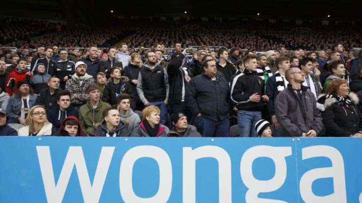 Wonga advertising hoarding in front of home fans in the Gallowgate end during the Newcastle United v Aston Villa FA Premier League match at St James Park on February 28th 2015 in Newcastle (Photo by Tom Jenkins/Getty Images)