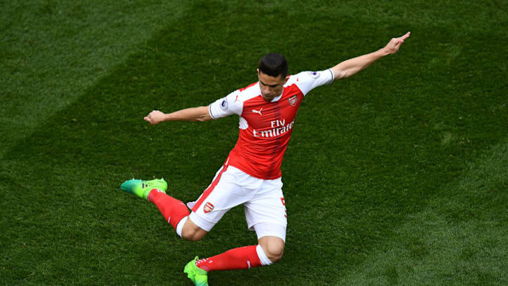 LONDON, ENGLAND - APRIL 30: Gabriel Paulista of Arsenal lines up a pass during the Premier League match between Tottenham Hotspur and Arsenal at White Hart Lane on April 30, 2017 in London, England. (Photo by Dan Mullan/Getty Images)