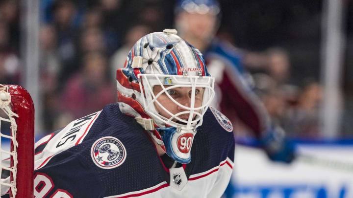 TAMPERE, FINLAND – NOVEMBER 04: Goalkeeper Elvis Merzlikins of Columbus during the 2022 NHL Global Series – Finland match between Columbus Blue Jackets and Colorado Avalanche at Nokia Arena on November 4, 2022 in Tampere, Finland. (Photo by Jari Pestelacci/Eurasia Sport Images/Getty Images)