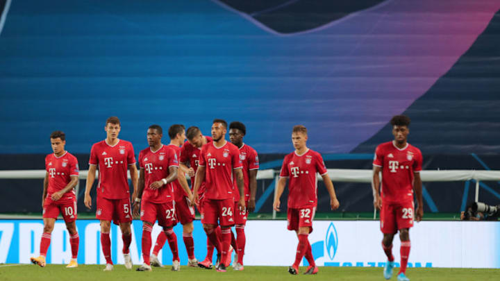 Bayern Munich players celebrating against Lyon. (Photo by MIGUEL A. LOPES/POOL/AFP via Getty Images)