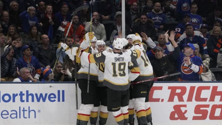 UNIONDALE, NY - DECEMBER 05: The Vegas Golden Knights celebrate Vegas Golden Knights Left Wing Jonathan Marchessault's (81) goal during the third period of the National Hockey League game between the Las Vegas Golden Knights and the New York Islanders on December 5, 2019, at the Nassau Veterans Memorial Coliseum in Uniondale, NY. (Photo by Gregory Fisher/Icon Sportswire via Getty Images)