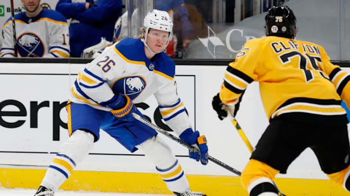 Mar 27, 2021; Boston, Massachusetts, USA; Buffalo Sabres center Cody Eakin (20) during the first period against the Boston Bruins at TD Garden. Mandatory Credit: Winslow Townson-USA TODAY Sports