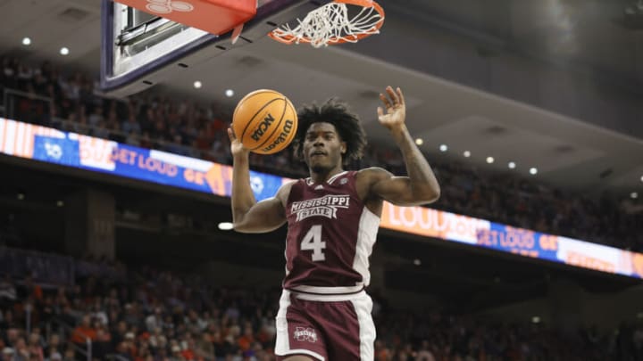 Jan 14, 2023; Auburn, Alabama, USA; Mississippi State Bulldogs guard Cameron Matthews (4) makes a dunk during the first half against the Auburn Tigers at Neville Arena. Mandatory Credit: John Reed-USA TODAY Sports