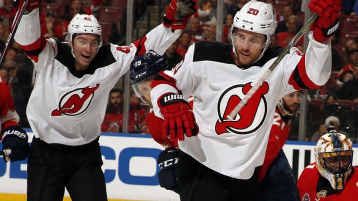 SUNRISE, FL - APRIL 6: Blake Coleman #20 of the New Jersey Devils celebrates his goal with teammates during the second period against the Florida Panthers at the BB&T Center on April 6, 2019 in Sunrise, Florida. (Photo by Eliot J. Schechter/NHLI via Getty Images)