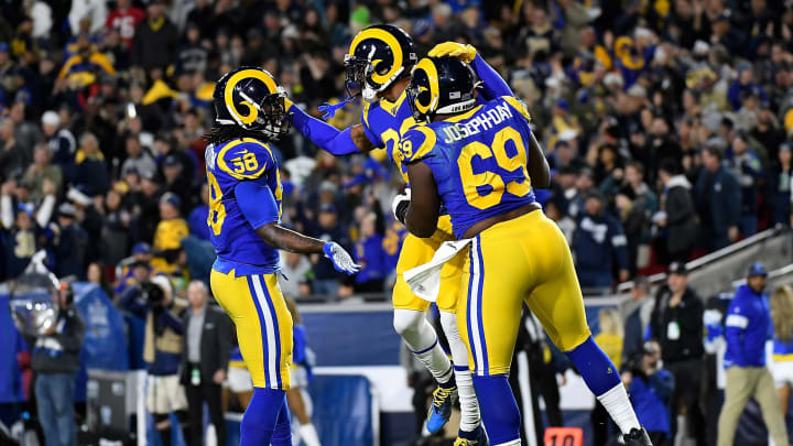 LOS ANGELES, CALIFORNIA – DECEMBER 08: Cornerback Jalen Ramsey #20 of the Los Angeles Rams and teammates celebrate a defensive stop on fourth down in the second quarter of the game against the Seattle Seahawks at Los Angeles Memorial Coliseum on December 08, 2019 in Los Angeles, California. (Photo by Kevork Djansezian/Getty Images)