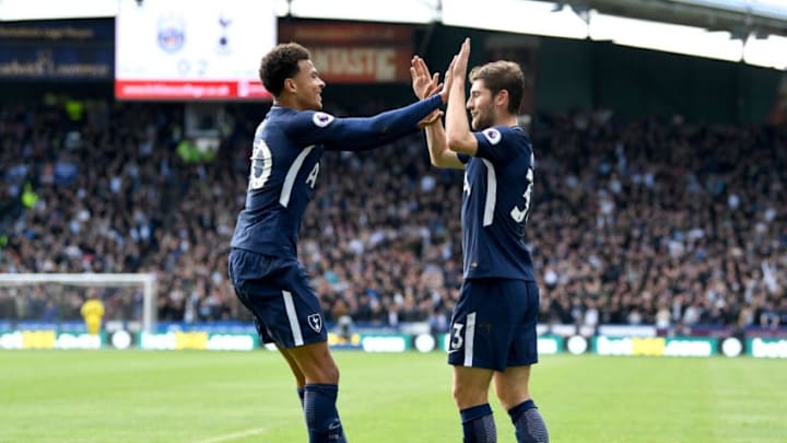 HUDDERSFIELD, ENGLAND - SEPTEMBER 30: Ben Davies of Tottenham Hotspur celebrates scoring his sides second goal with Dele Alli of Tottenham Hotspur during the Premier League match between Huddersfield Town and Tottenham Hotspur at John Smith's Stadium on September 30, 2017 in Huddersfield, England. (Photo by Gareth Copley/Getty Images)