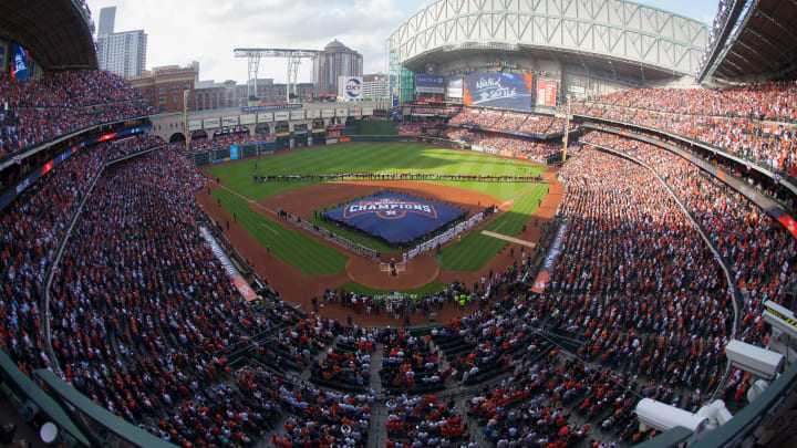 HOUSTON, TX – APRIL 02: A general view of Minute Maid Park during player introductions on opening day at Minute Maid Park on April 2, 2018 in Houston, Texas. (Photo by Bob Levey/Getty Images)