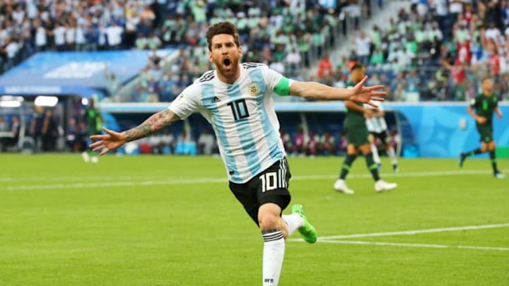 SAINT PETERSBURG, RUSSIA - JUNE 26: Lionel Messi of Argentina celebrates after scoring his team's first goal during the 2018 FIFA World Cup Russia group D match between Nigeria and Argentina at Saint Petersburg Stadium on June 26, 2018 in Saint Petersburg, Russia. (Photo by Alex Livesey/Getty Images)