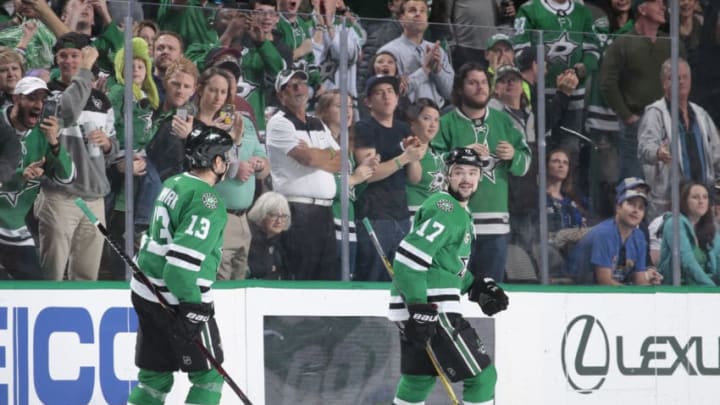 DALLAS, TX - MARCH 3: Devin Shore #17, Mattias Janmark #13 and the Dallas Stars celebrate a goal against the St. Louis Blues at the American Airlines Center on March 3, 2018 in Dallas, Texas. (Photo by Glenn James/NHLI via Getty Images)