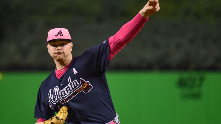 MIAMI, FL - MAY 13: Sean Newcomb #15 of the Atlanta Braves pitches in the first inning against the Miami Marlins at Marlins Park on May 13, 2018 in Miami, Florida. (Photo by Mark Brown/Getty Images)