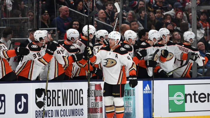 COLUMBUS, OHIO – JANUARY 19: Cam Fowler #4 of the Anaheim Ducks celebrates his goal during the second period against the Columbus Blue Jackets at Nationwide Arena on January 19, 2023 in Columbus, Ohio. (Photo by Emilee Chinn/Getty Images)