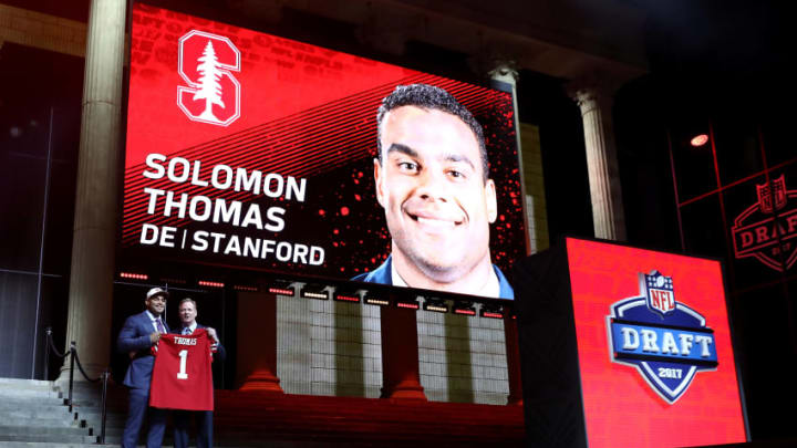 PHILADELPHIA, PA - APRIL 27: (L-R) Solomon Thomas of Stanford poses with Commissioner of the National Football League Roger Goodell after being picked