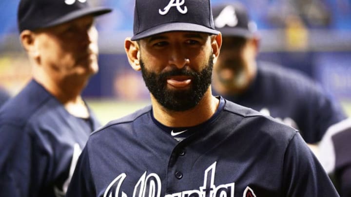 ST PETERSBURG, FL - MAY 8: Jose Bautista #23 of the Atlanta Braves celebrates after a victory over the Tampa Bay Rays on May 8, 2018 at Tropicana Field in St Petersburg, Florida. The Braves won 1-0. (Photo by Julio Aguilar/Getty Images)